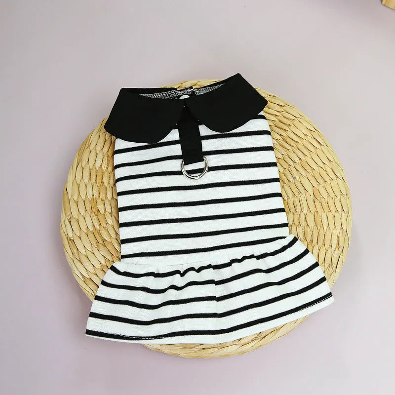 Small dog wearing striped cotton T-shirt and matching skirt summer pet outfit