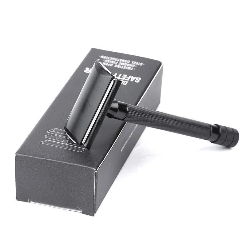 Old-fashioned manual pogonotomy scraping metal shaver with brush in black or silver