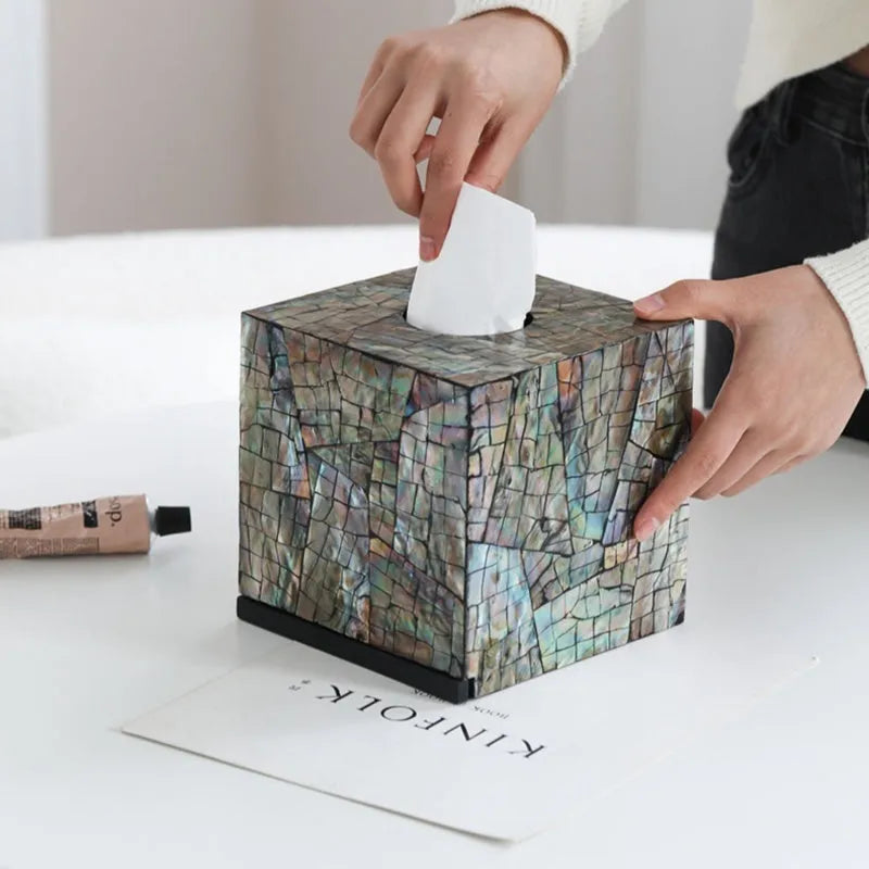 Natural shell tissue box with removable organiser in black rectangular and square designs