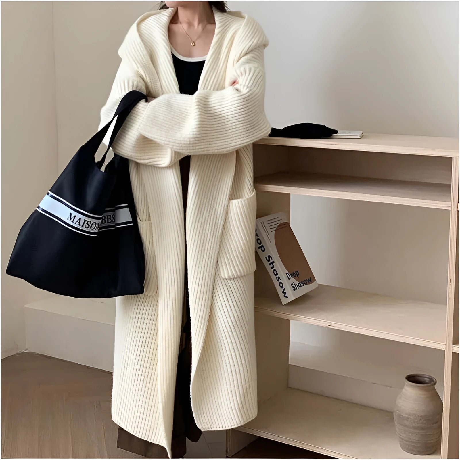 Women's loose hooded sweatshirt cardigan coat in acrylic fabric with extended 80cm length
