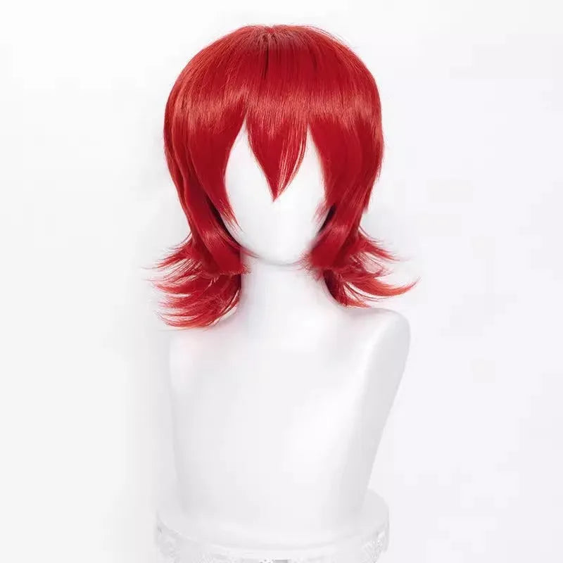 Short black and red anime cosplay wig for men with a lengthened hair tail.