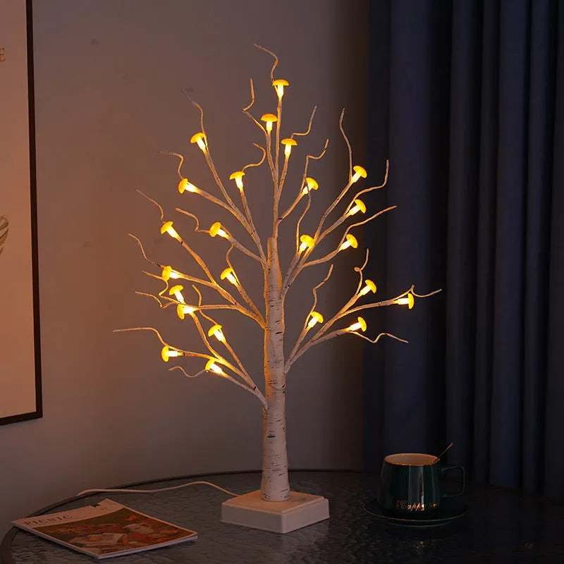 60cm tall LED mushroom tree lamp with 24 white flowers on birch design, warm white lighting