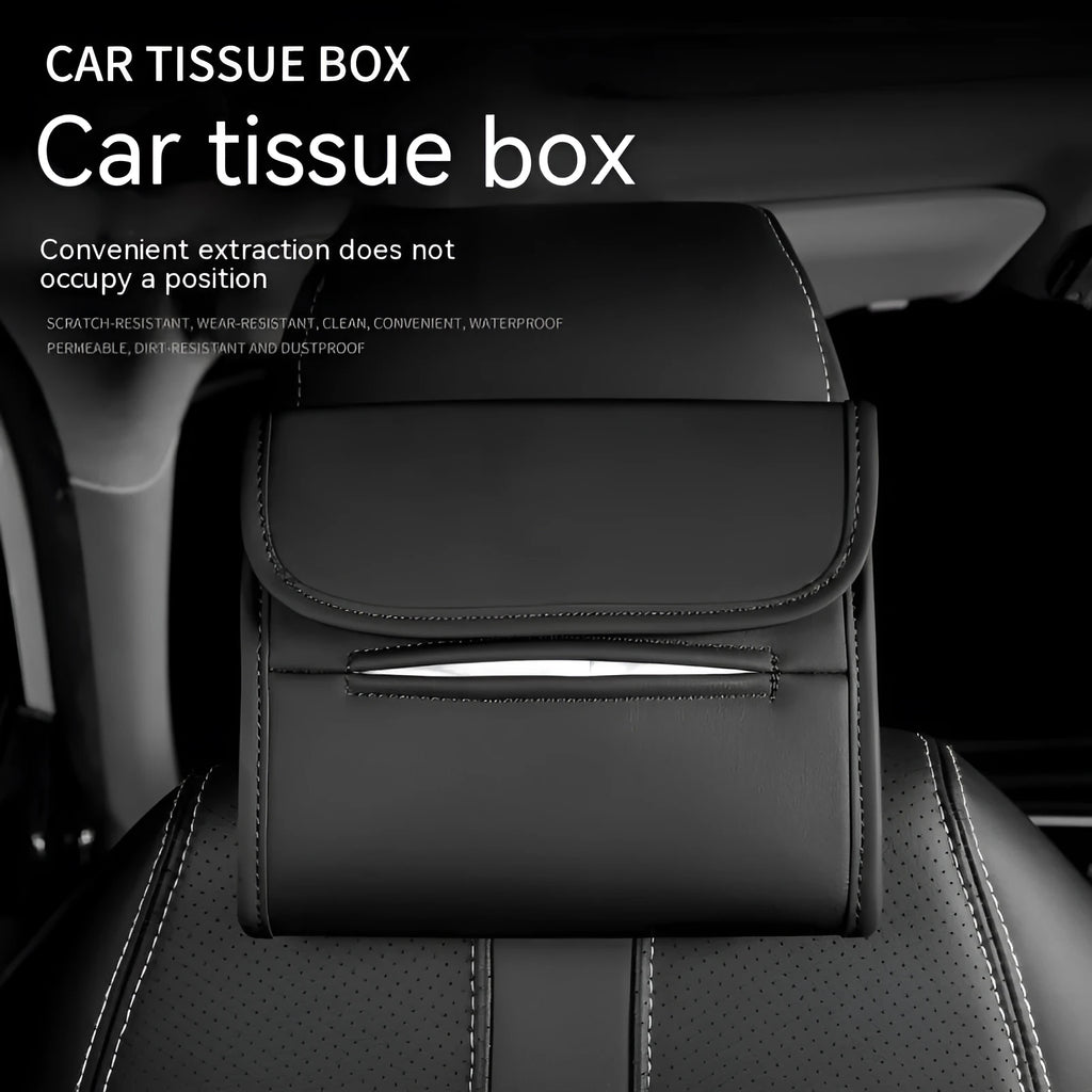 Leather car tissue box with elastic band button for sun visor or chair back mounting