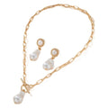 Gold tone baroque pearl necklace and matching ear stud jewellery set for women