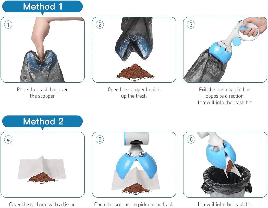 Heavy-duty ABS plastic pet pooper scooper with integrated trash bag holder in blue colour