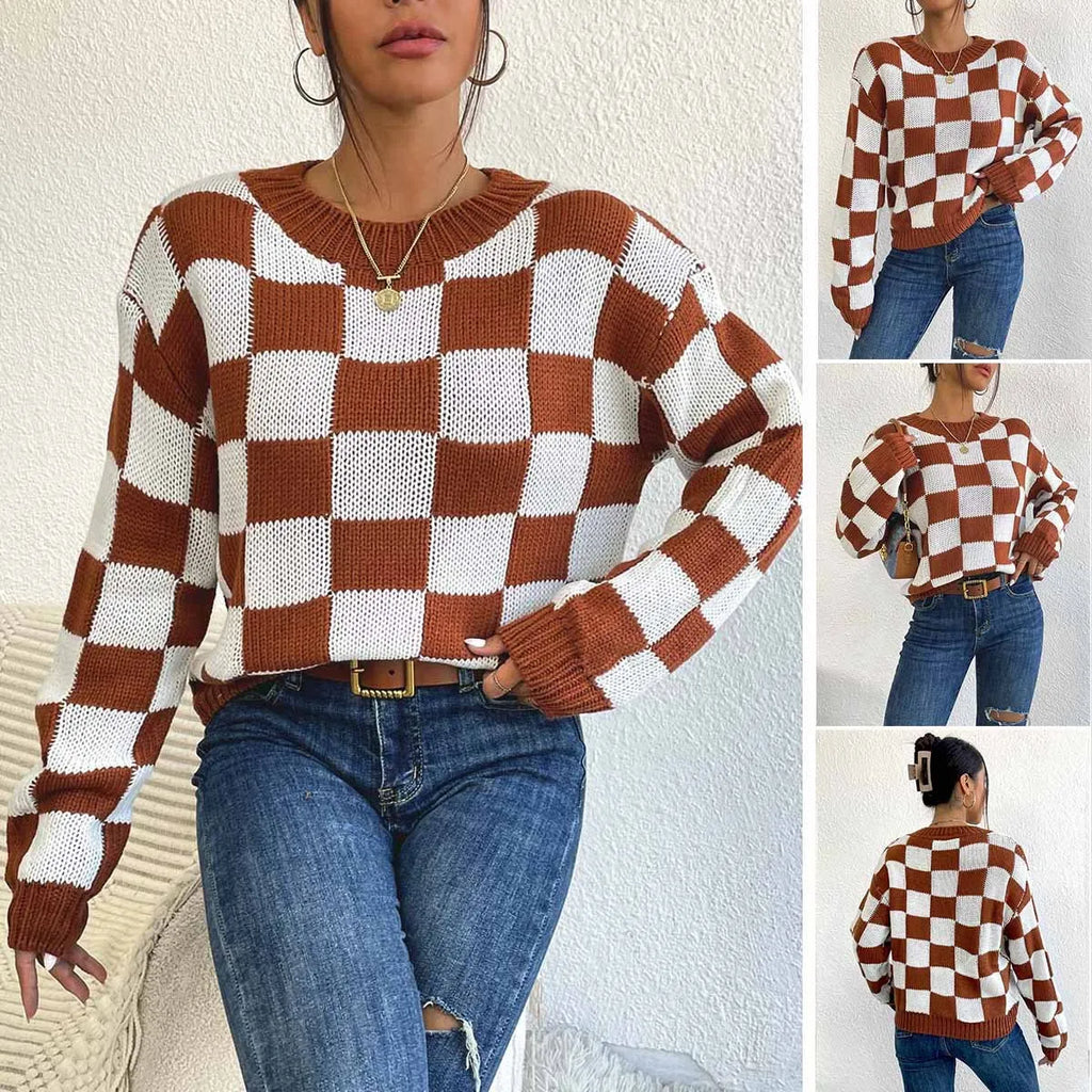Dark brown acrylic pullover sweater with chessboard plaid pattern, round neck and long sleeves