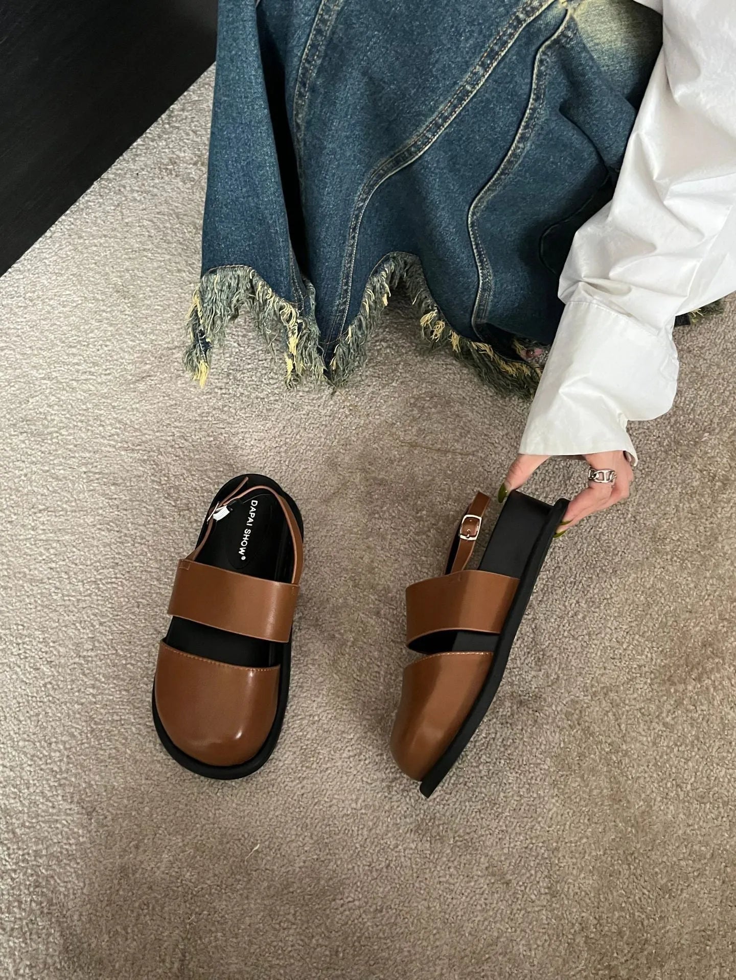 Retro women's closed toe sandals with an adjustable ankle buckle strap in apricot colour.