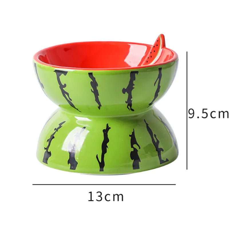 Ceramic raised cat bowl with tilted design and colourful fruit pattern