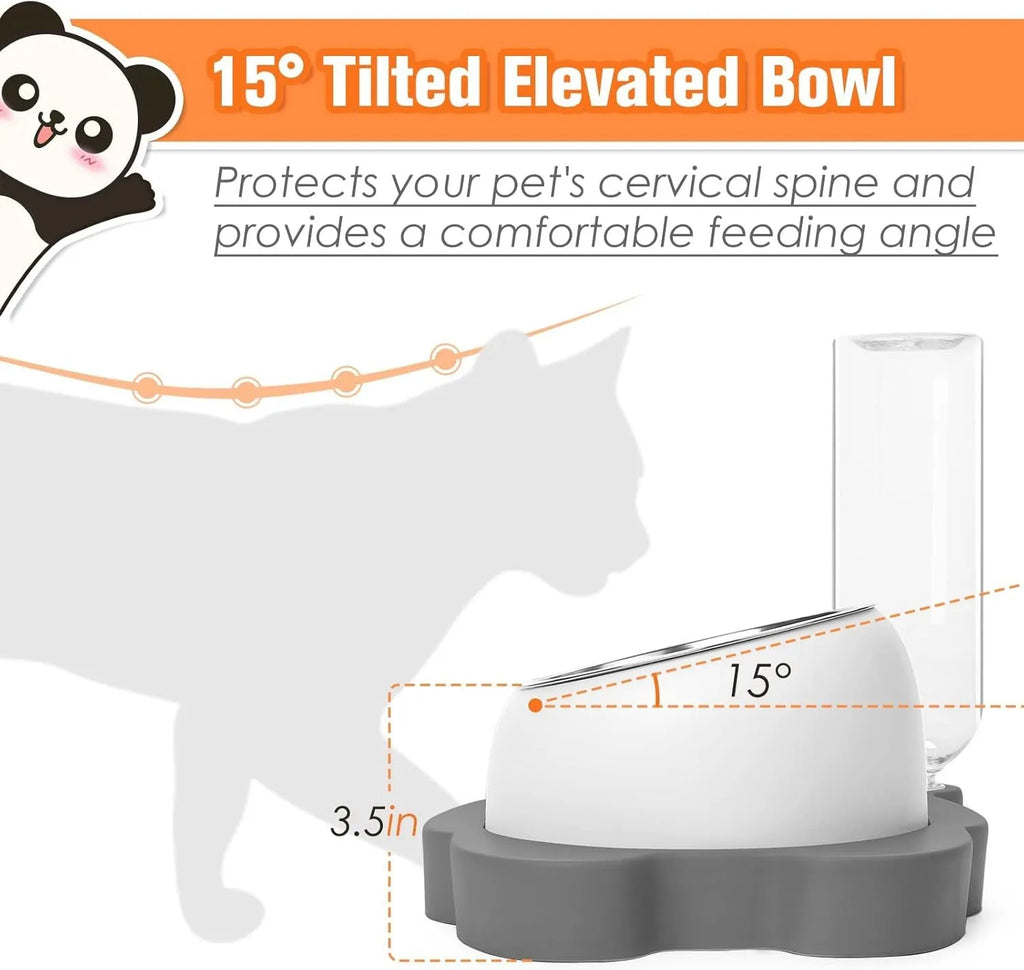 Grey panda-shaped raised pet feeder with tilted food bowl and automatic water bottle