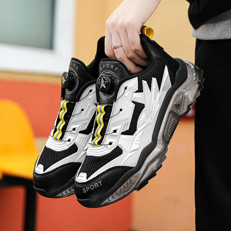 Men's black casual shoes with rotating button fastening and elevator platform soles