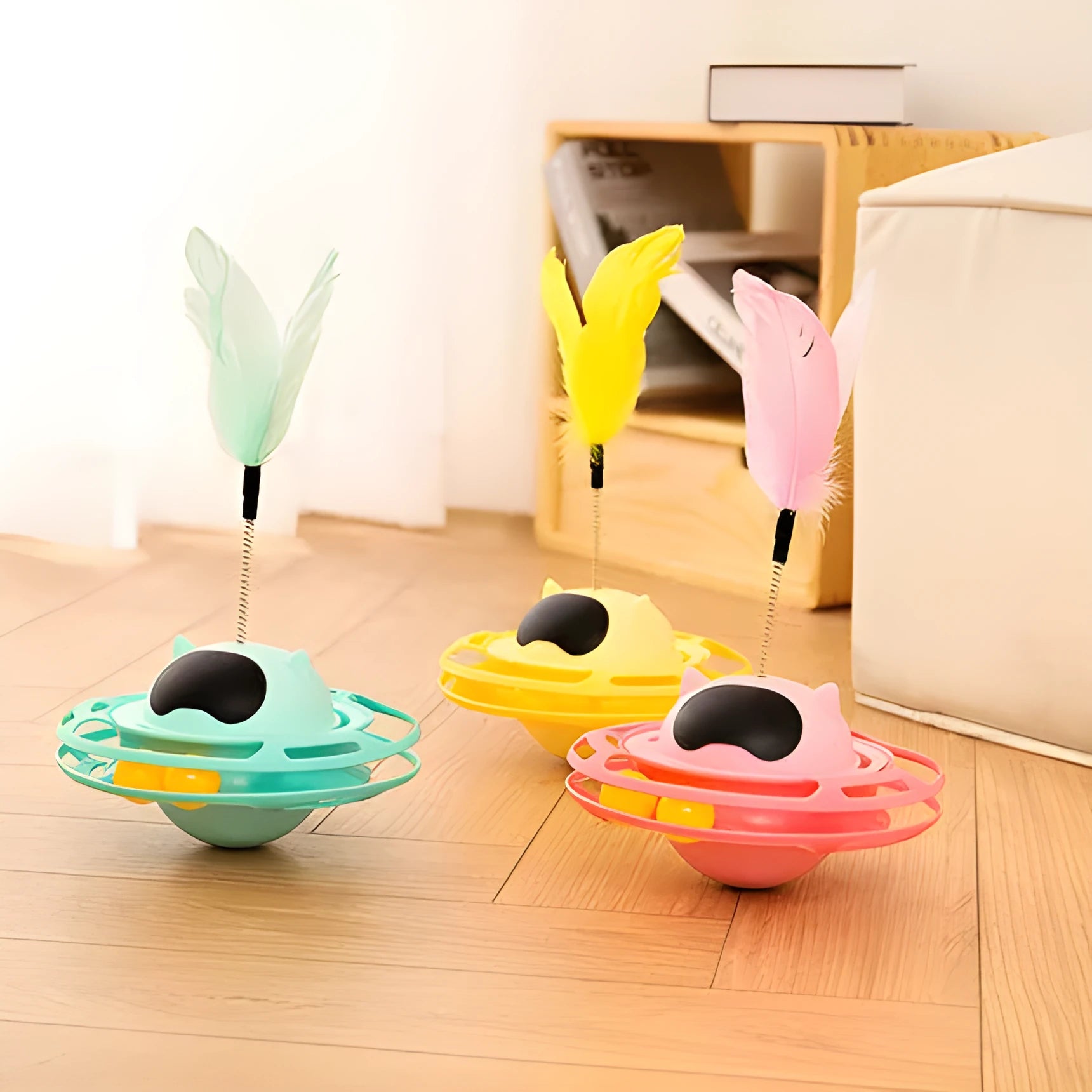Pink cat tumbler turntable toy with rotating mechanism and cat stick, 17x10 cm dimensions