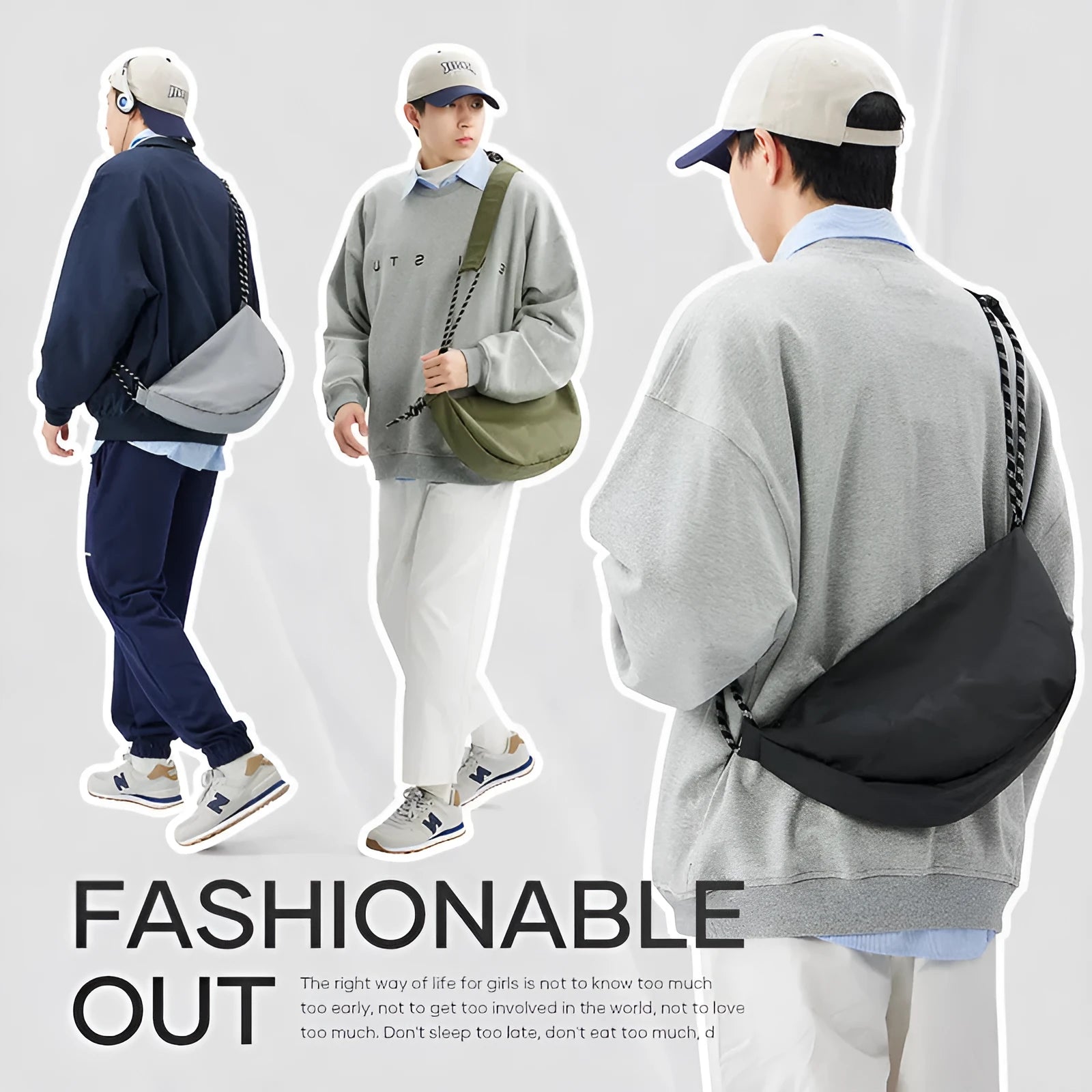Men's lightweight nylon messenger bag in black, grey, khaki, or army green with large capacity design