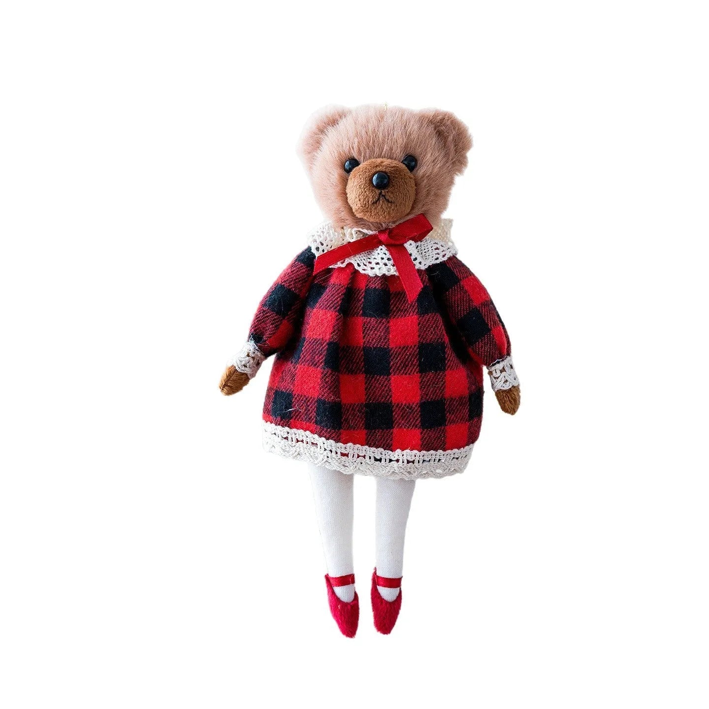 Cartoon plush bear doll couple in cotton plaid suits, showing gentleman bear and princess bear side by side