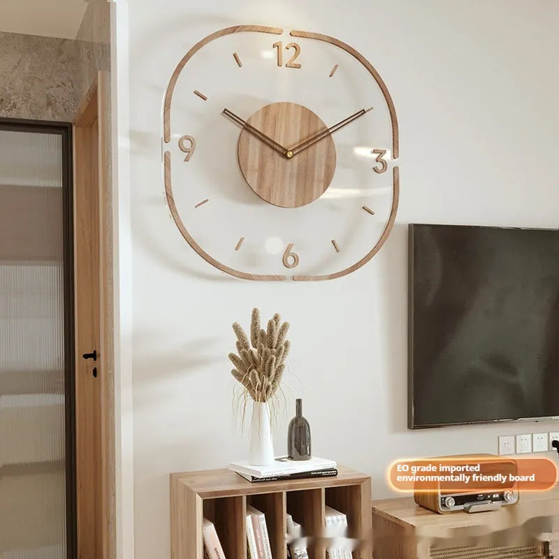 Modern transparent wooden frame wall clock showing 35cm square dimensions on a wall