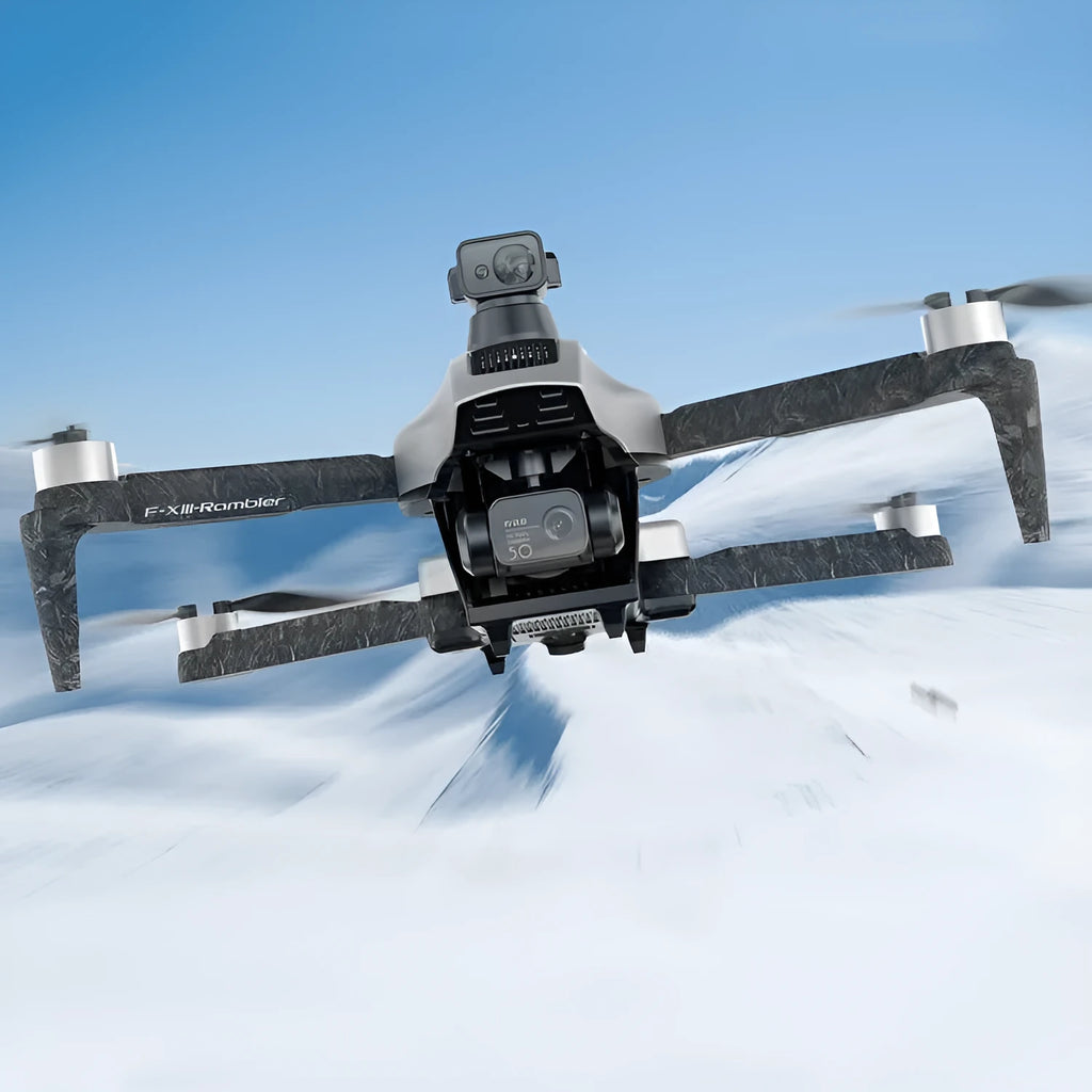 White folding quadcopter drone with 4K camera and obstacle avoidance sensors, shown with remote controller and shoulder bag.