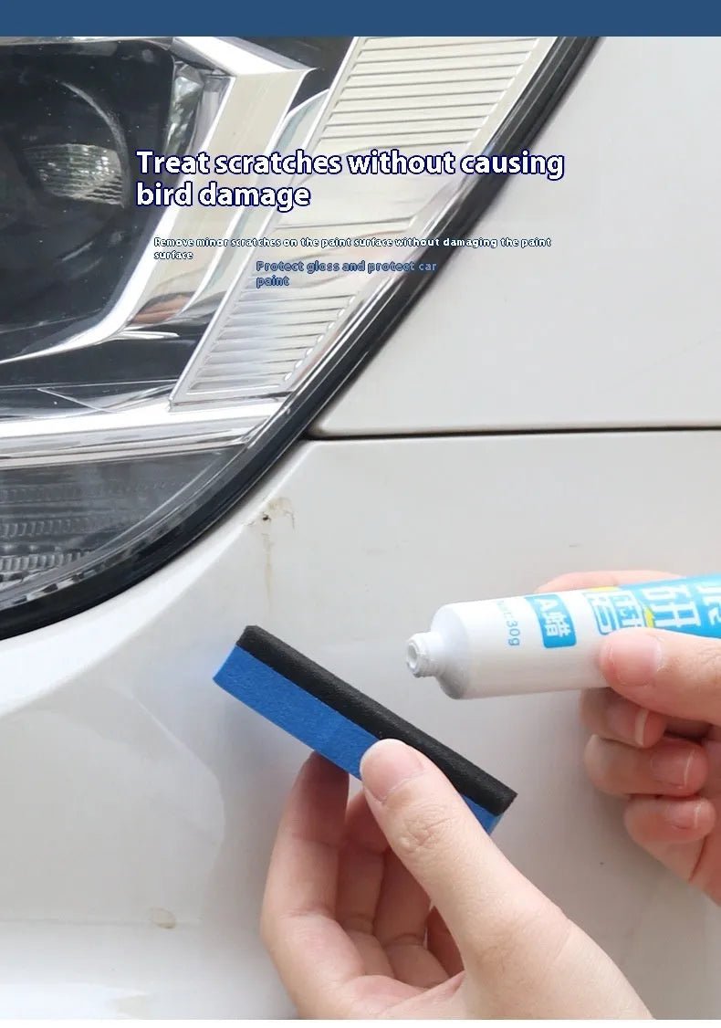 Car repair wax kit containing scratch removal compound, brightening wax, and frosted polishing sponge
