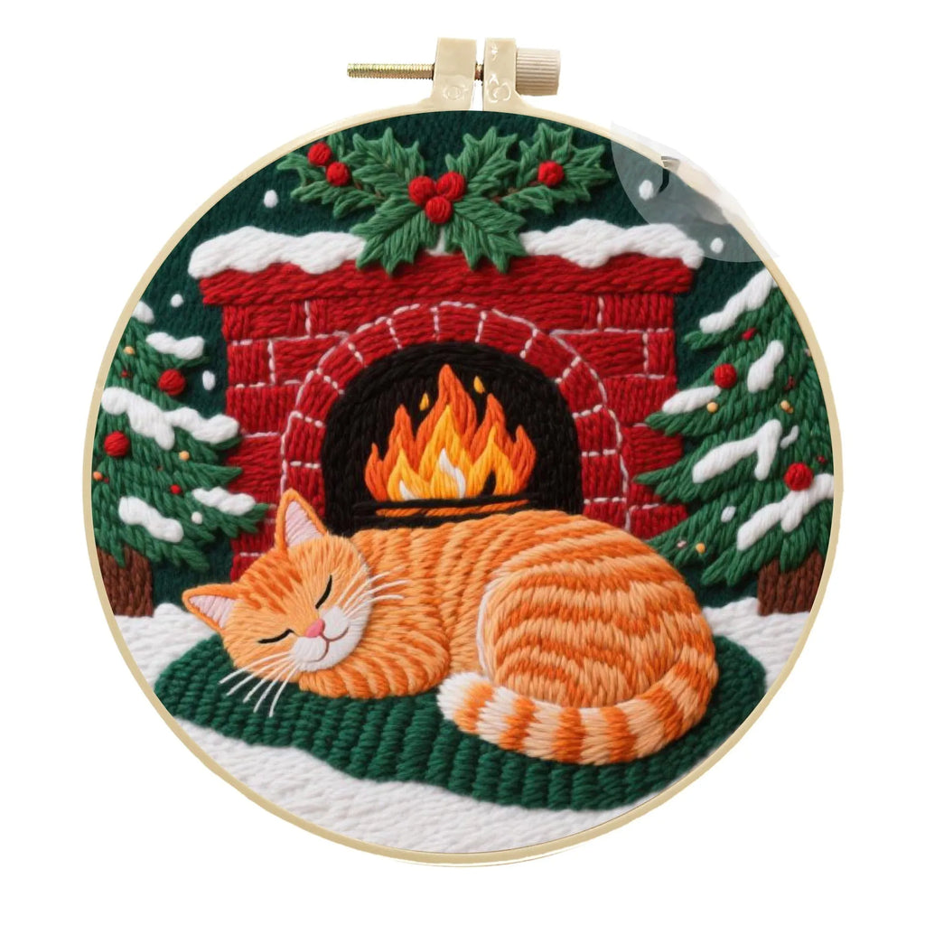 Embroidery material kit with cotton linen fabric featuring autumn fruit design, imitation bamboo hoop, and scissors.