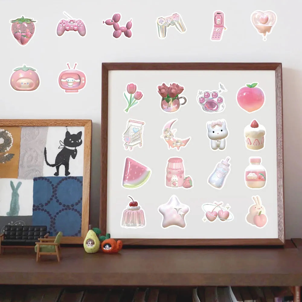 Pink 3D girl heart decorative stickers set of 63 pieces for craft projects