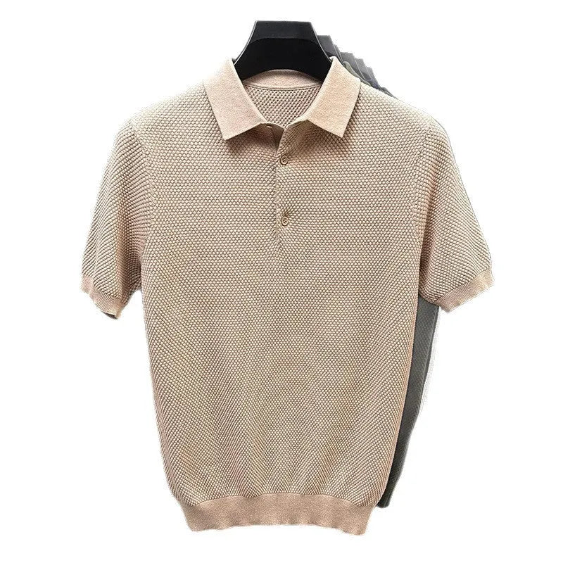 Men's loose fit grey cotton short sleeve pullover sweater on a hanger