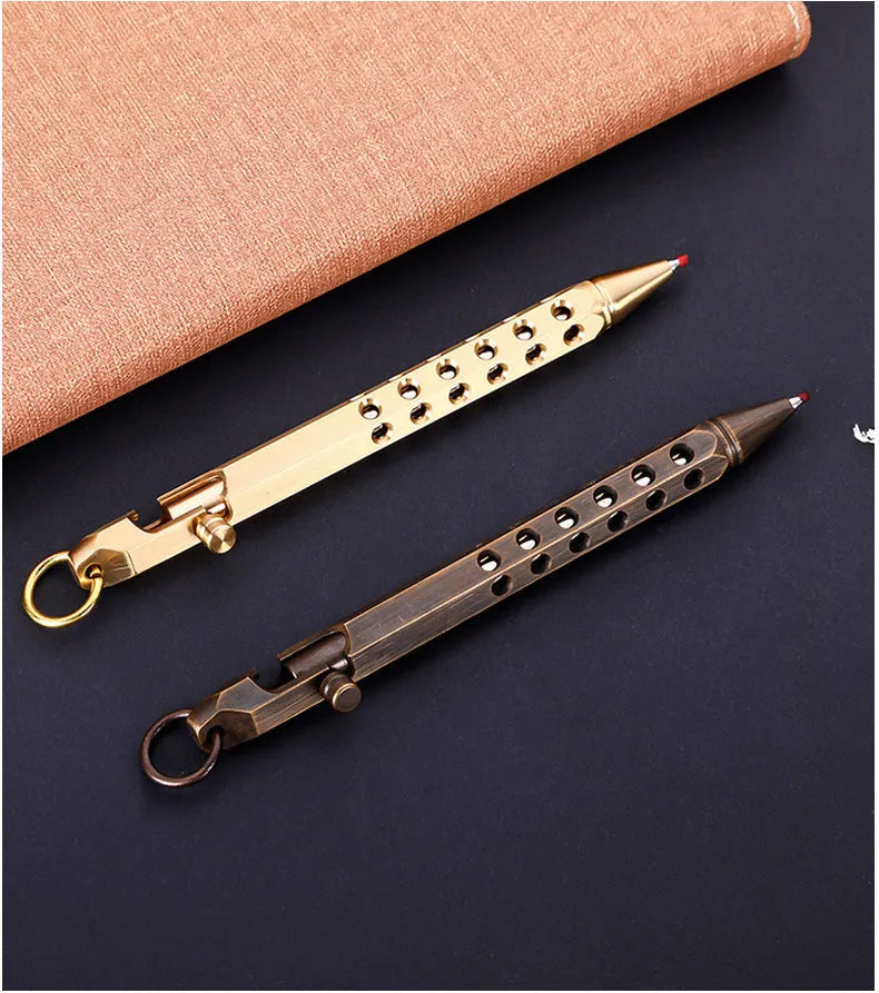 Brass hexagonal bolt rollerball pen with 0.5mm tip and retro mechanical design