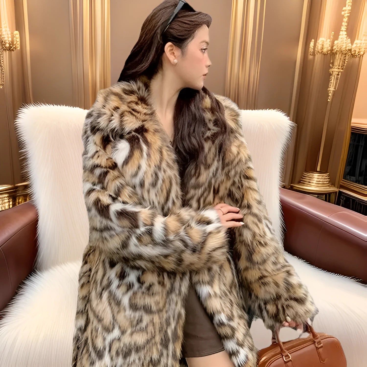 Women's faux fur coat with fox collar in mid-length and long styles for street fashion