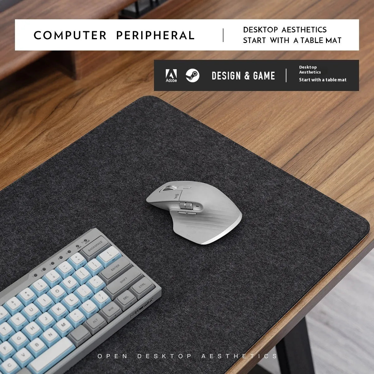 Oversized felt cork desk mouse mat in black and grey pattern, shown on a wooden desk.