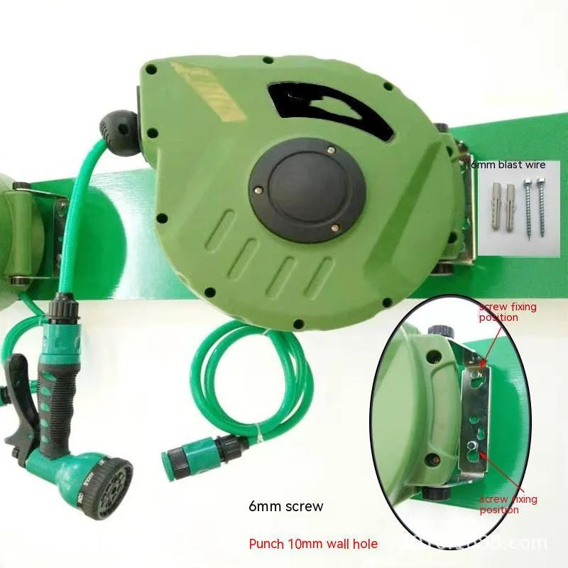 Automatic retractable hose reel with 10 metre PVC water pipe in compact 30.5 cm water drum for car washing