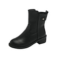 Black women's ankle boots with side zip and low round toe on a rubber sole.