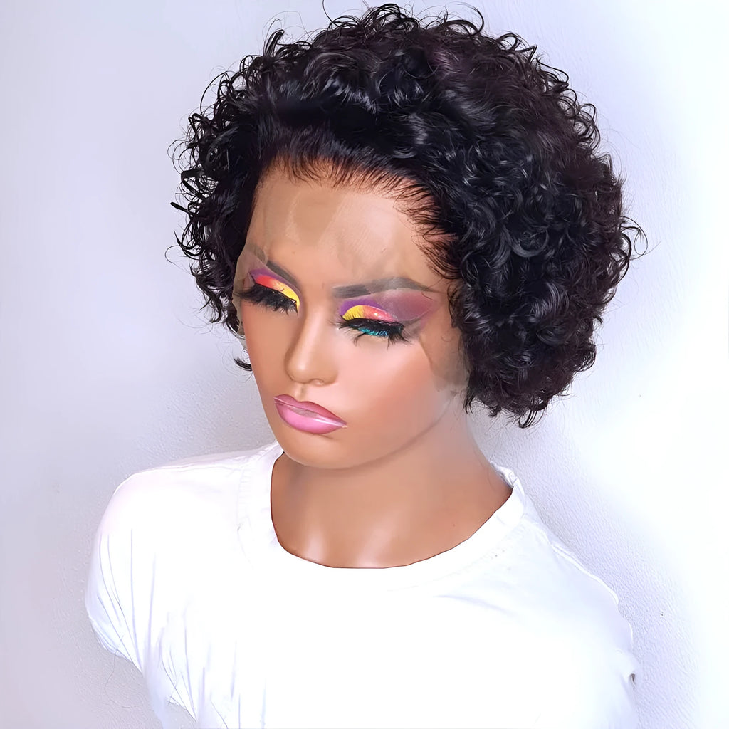 Black human hair pixie wig with lace front hair cover in 13x1 colour