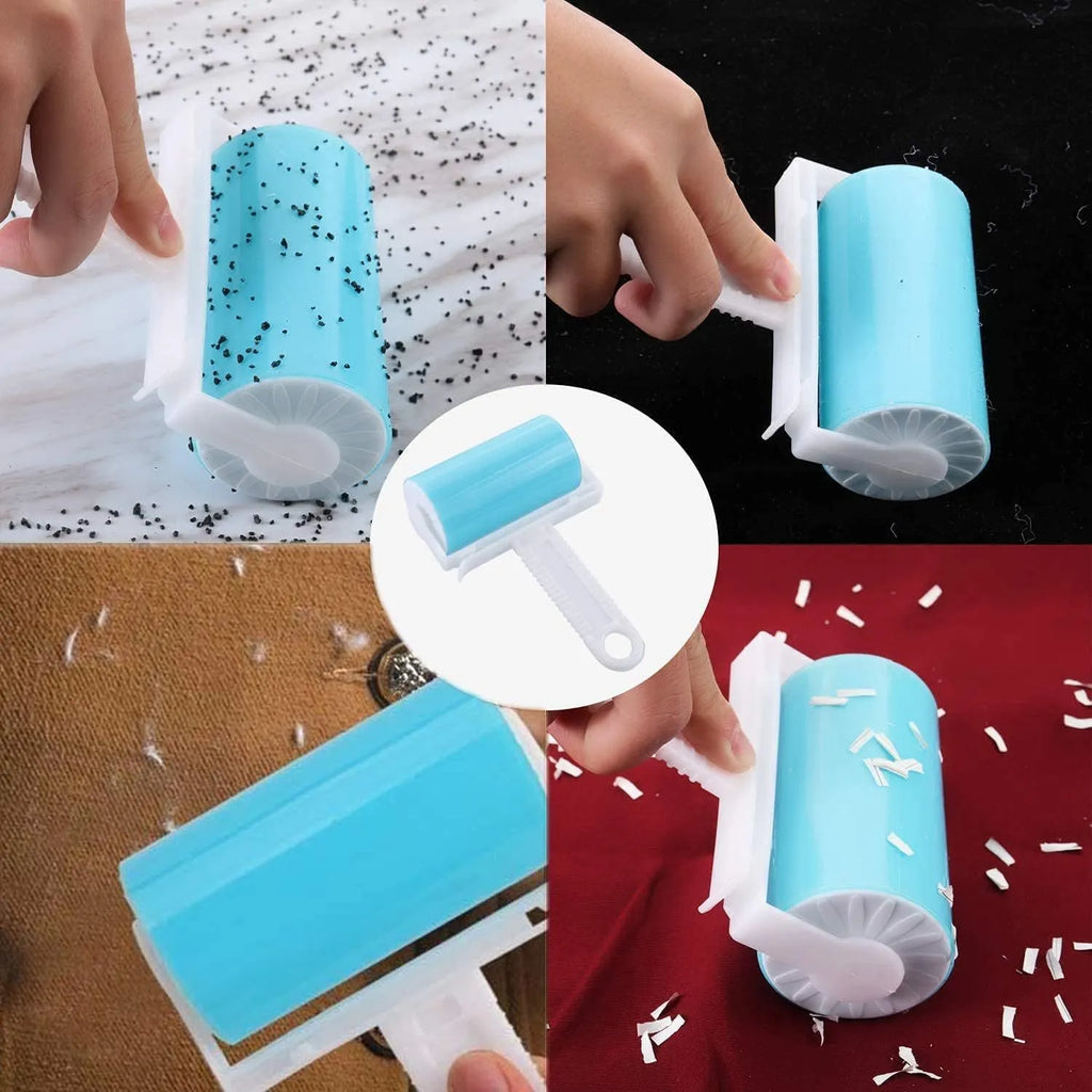 Blue reusable washable lint roller with cover for removing pet hair from clothes and furniture.
