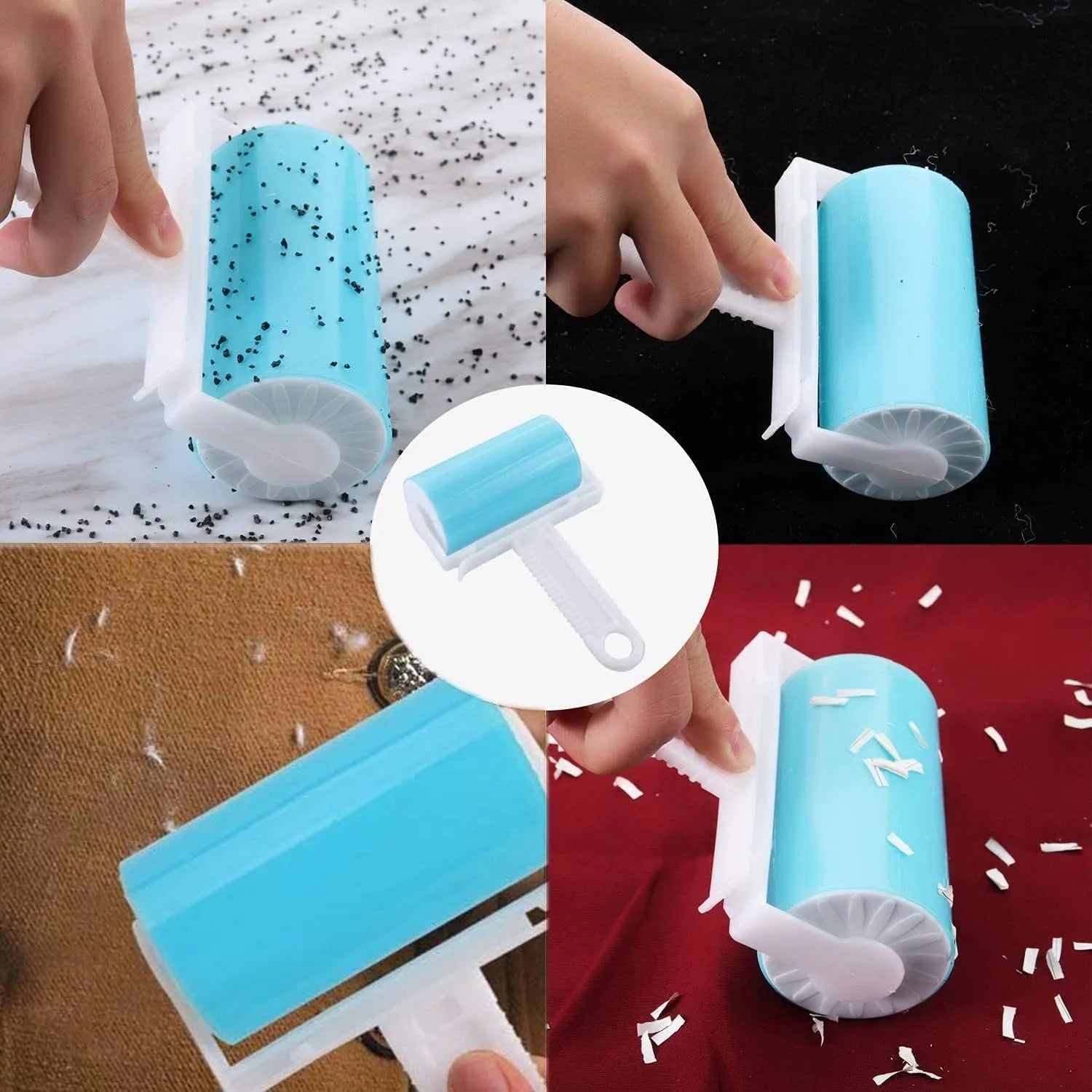 Blue reusable washable lint roller with cover for removing pet hair from clothes and furniture.