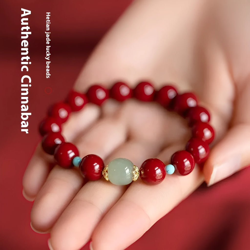 Purple gold sand cinnabar and Hetian jade bead bracelet with coated metal, showing geometric ellipse beads.