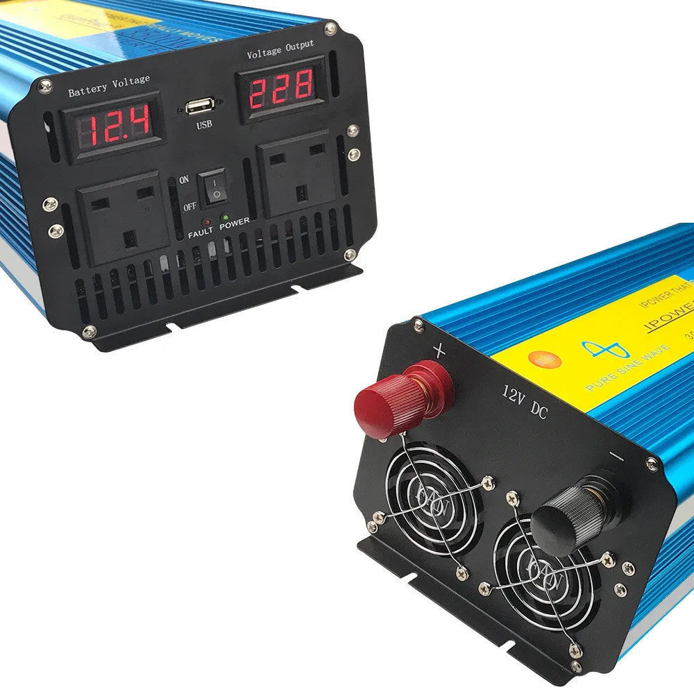 Blue high-power 3000W car pure sine wave inverter with digital display and UK three-pin socket