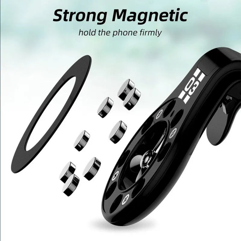 Black magnetic car air vent phone holder with adjustable angle and built-in perfume diffuser.