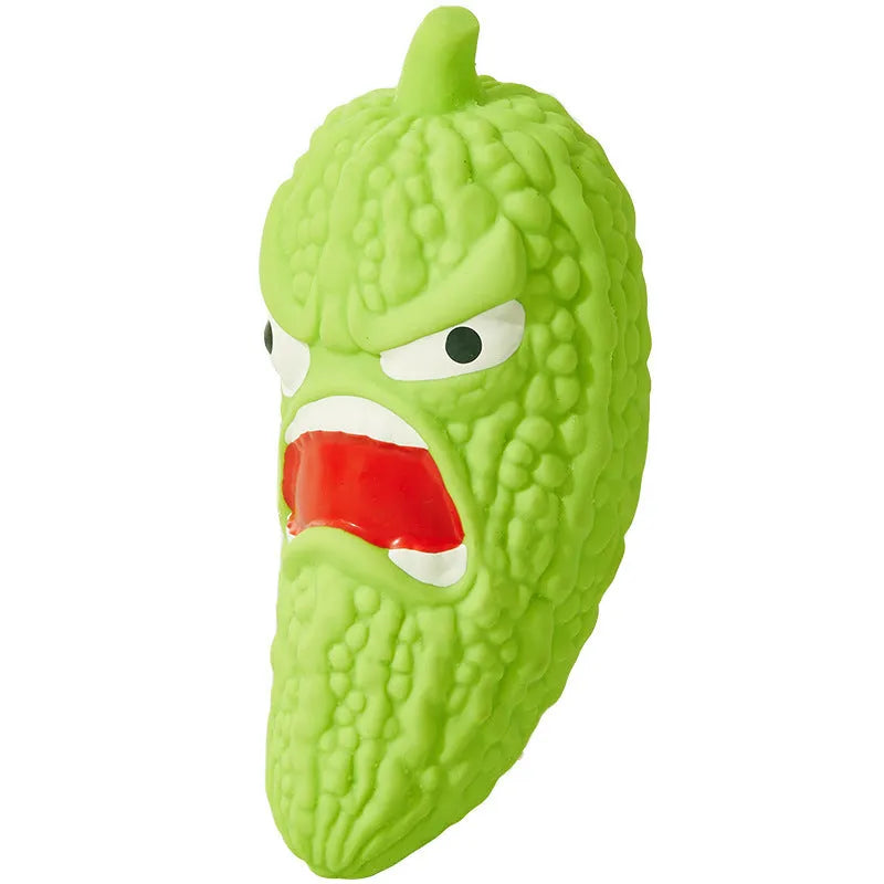 Natural rubber dog chew toy in bitter gourd or chilli shape for grinding teeth.
