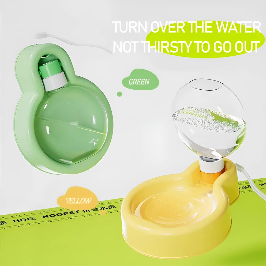 Green portable dog water bottle with pull-out bowl, shown next to orange and yellow versions.