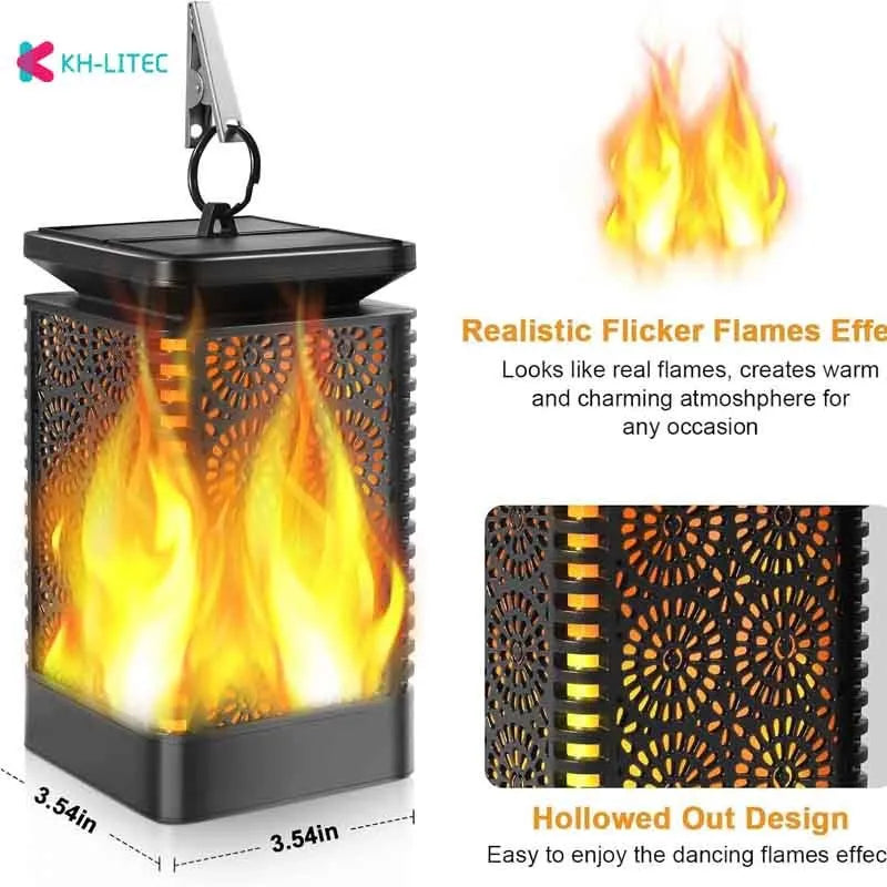 Set of four black solar-powered LED lanterns with flickering flame effect for garden paths.