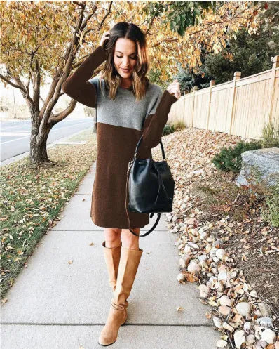 Brown women's sweater dress with patchwork skirt and long sleeves in retro style