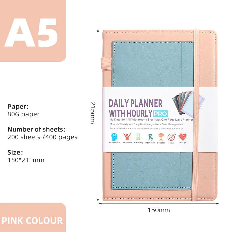 Creative trend notebook with PU cover, open to show undated strap and wood-free paper, with colour options displayed.