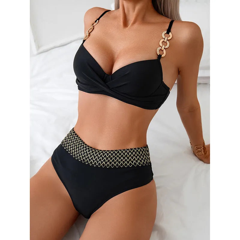 Black two-piece split bikini swimsuit on a mannequin, showing sleeveless top and briefs.
