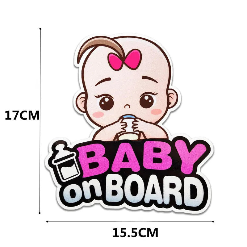 Baby On Board reflective car sticker showing baby character designs with feeding bottle, measuring specific centimetre dimensions