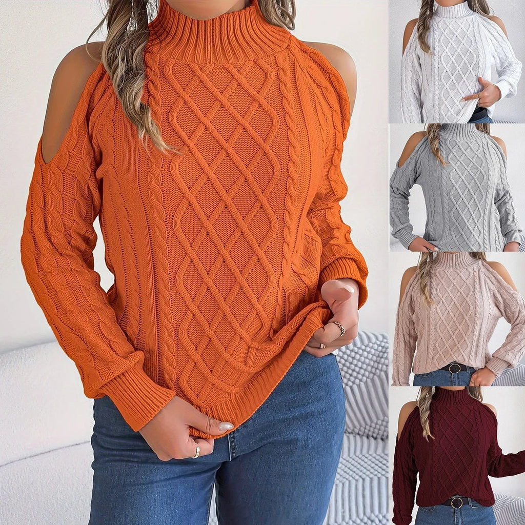 Woman wearing a gray twisted pattern sweater with a strapless half-high collar and long lantern sleeves.