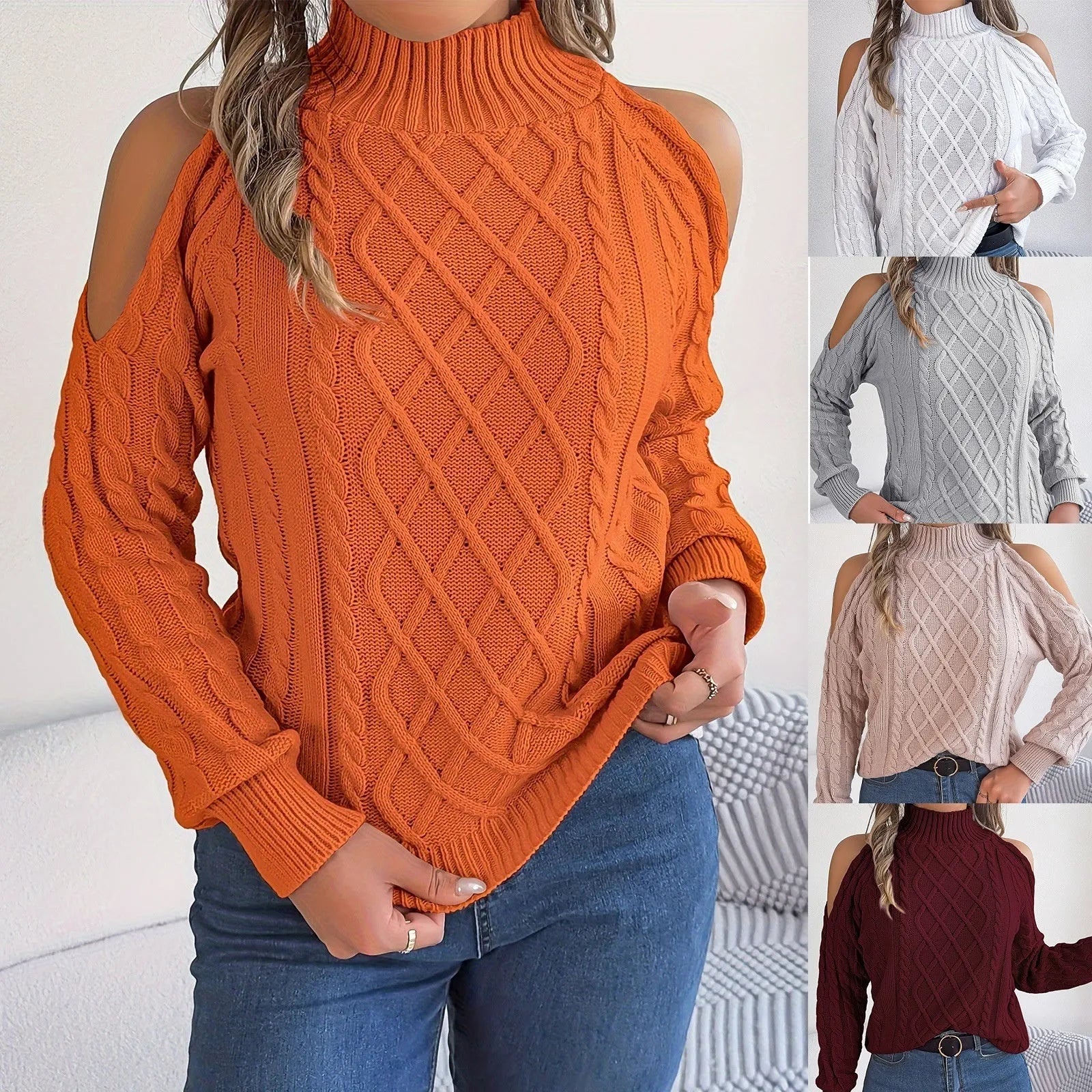 Woman wearing a gray twisted pattern sweater with a strapless half-high collar and long lantern sleeves.