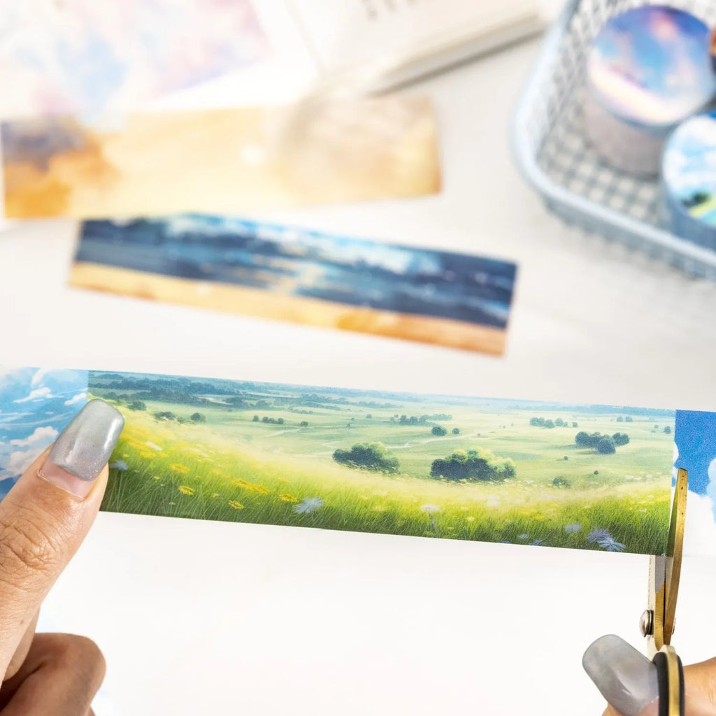 Roll of 30mm Japanese paper tape featuring sky themes like moonlight and clouds for journal decoration