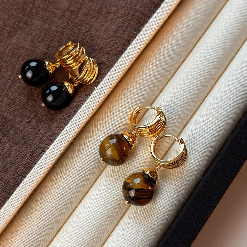 Gold-plated geometric tigereye earrings in French retro style, brown and black colour options