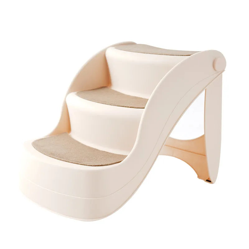Foldable plastic pet stairs in beige colour with non-slip mats on each step