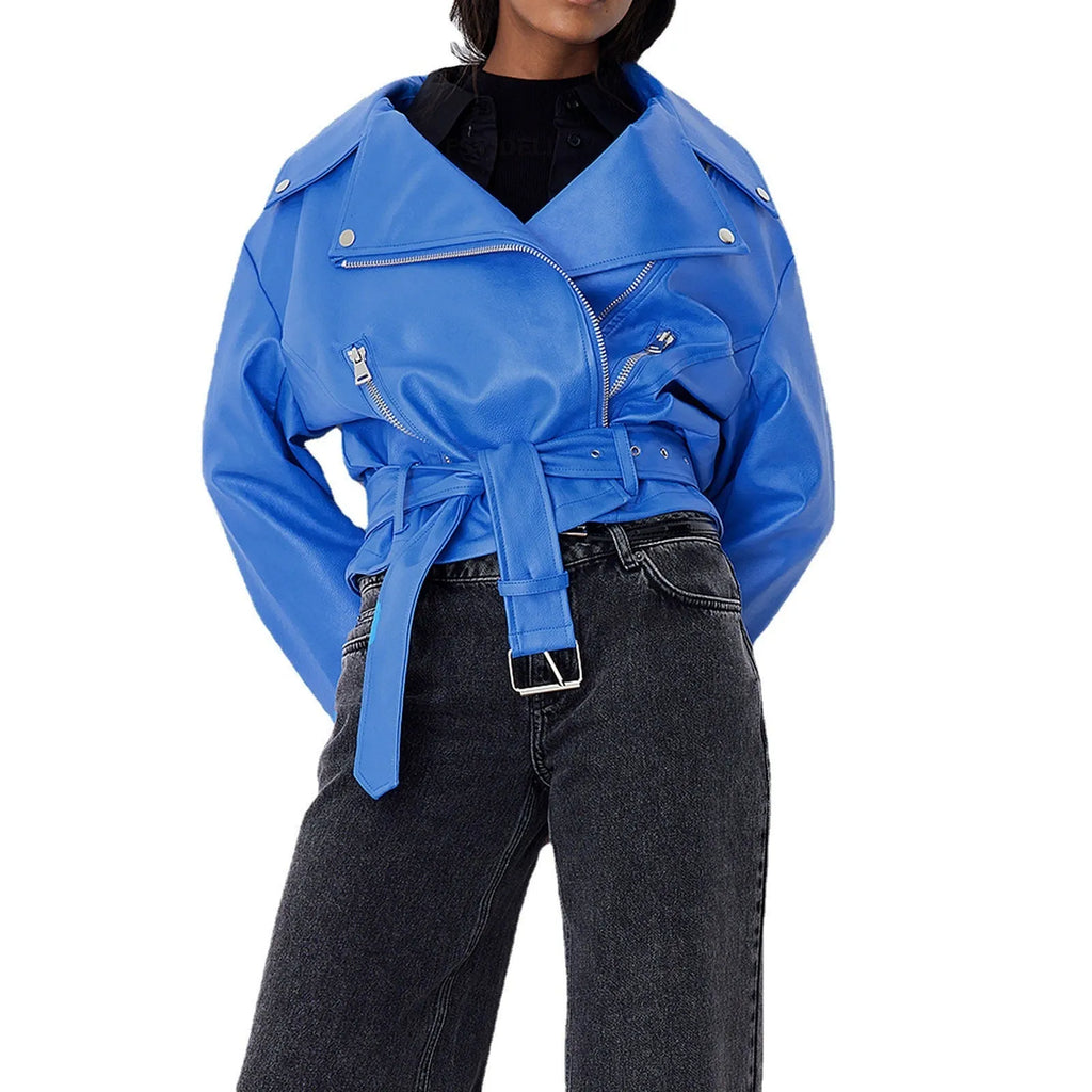 Punk style short belt lapel jacket with leather locomotive detailing in polyester fibre