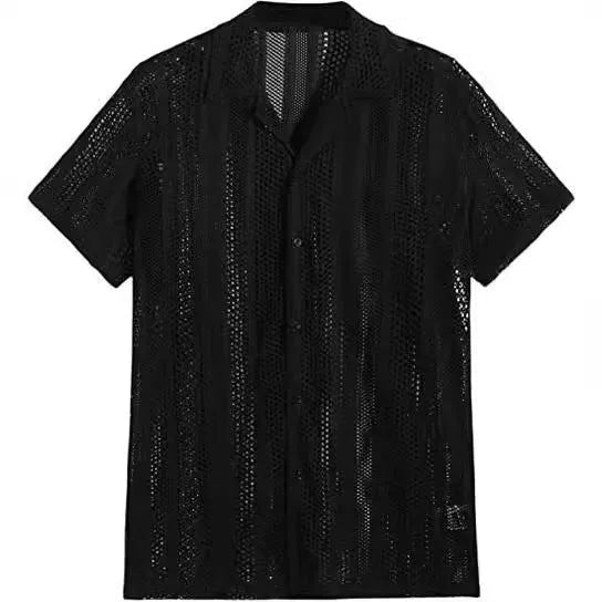 Men's black knitted short-sleeved button-up shirt with jacquard texture and cardigan style on a white background.