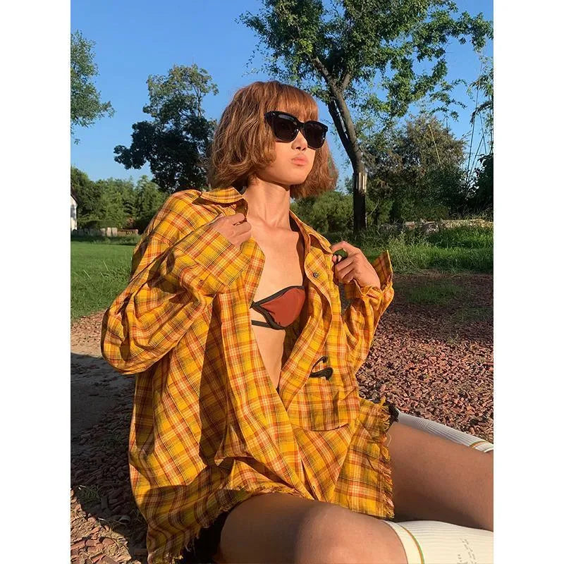 Dopamine yellow plaid loose cardigan shirt for men and women on hanger