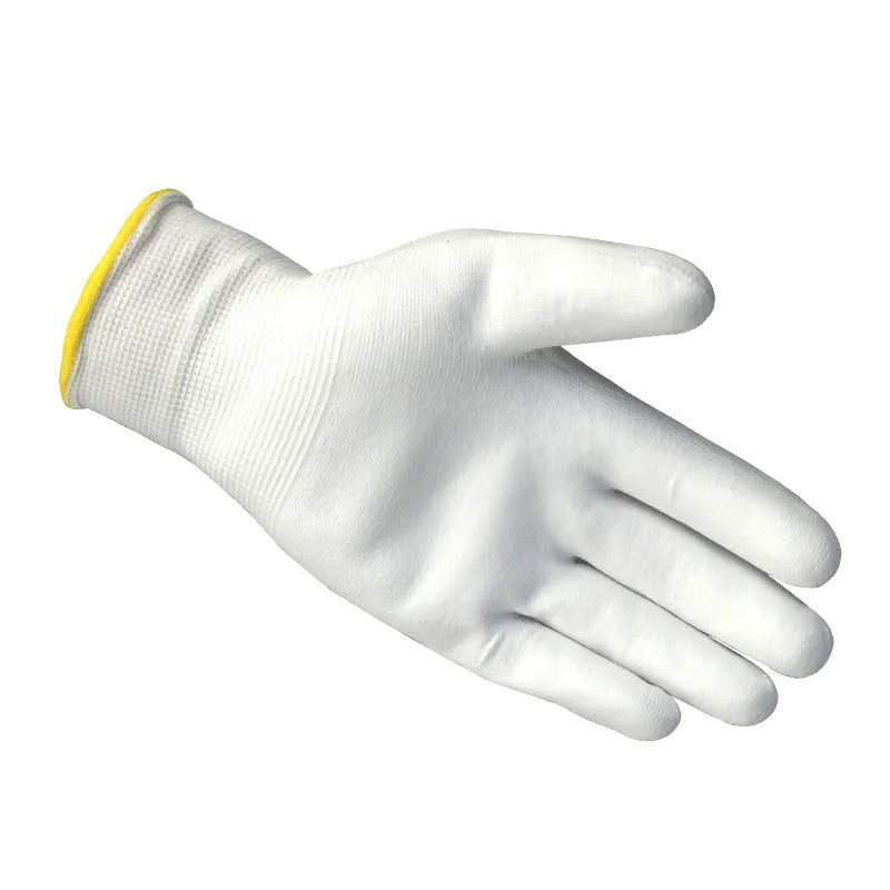 White PU-coated labour gloves showing flexible design, available in sizes L and M.